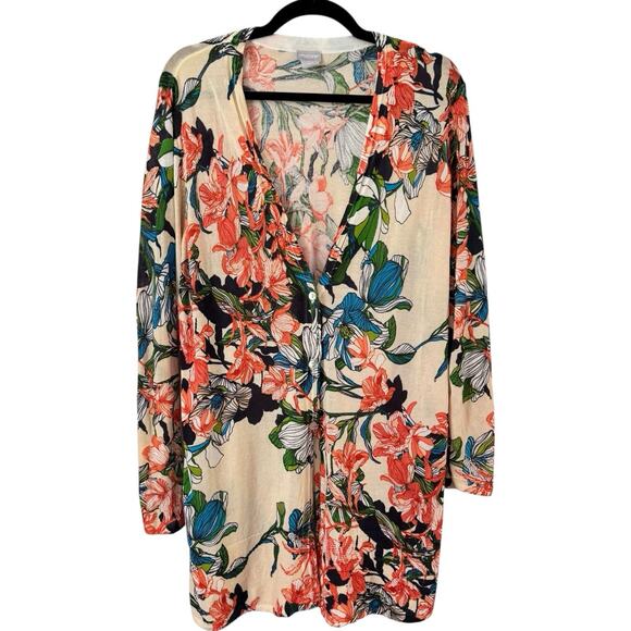 Chicos Tropical Floral Lightweight Semi Sheer Knit Cardigan Sweater Womens Large - Picture 1 of 6